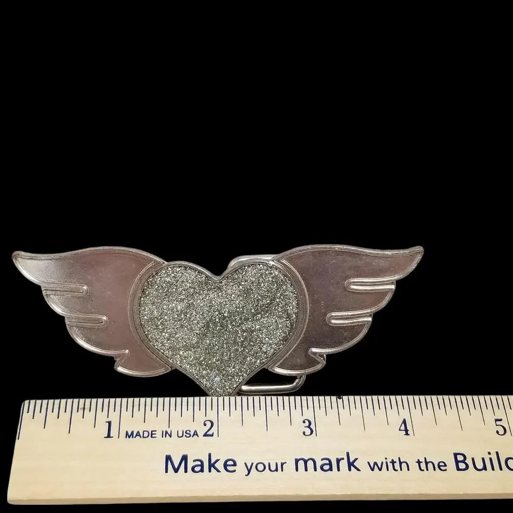 Vintage Belt‎ Buckle Heart With Wings Silhouette Cutout Silver Color